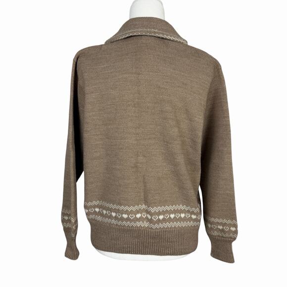 Handmade Womens Wool Tan White Cardigan Sweater Est Size M/L Fair Isle Cabincore - Picture 2 of 9